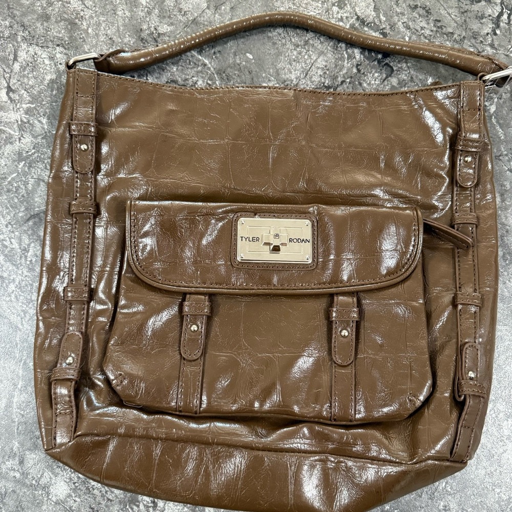 Tyler Rodan Croc Embossed Glossy Satchel Hand Bag Shoulder Bag Large‎ Brown